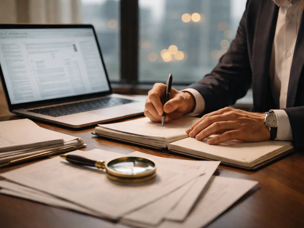 Anonymous analyst’s desk with financial documents, magnifying glass, and laptop in a quiet executive office.