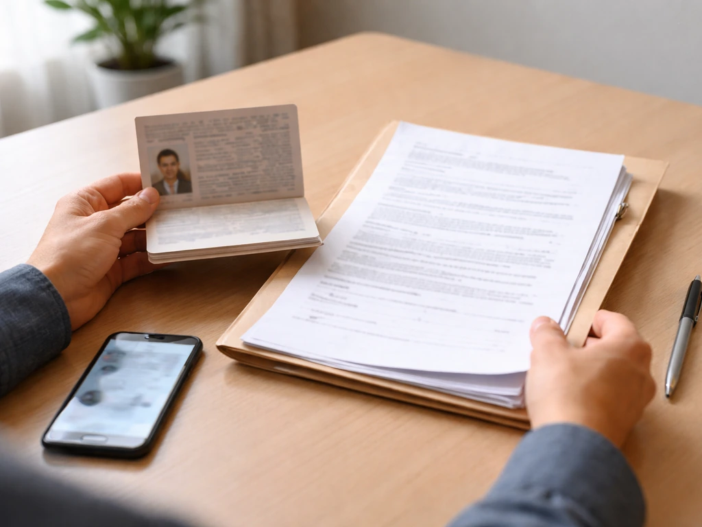 Anonymous hands with passport and unmarked business documents on a simple desk in daylight.