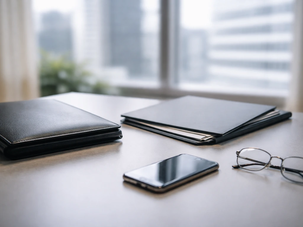 Minimal office desk scene with portfolio, folder, and smartphone symbolizing executive compensation analysis