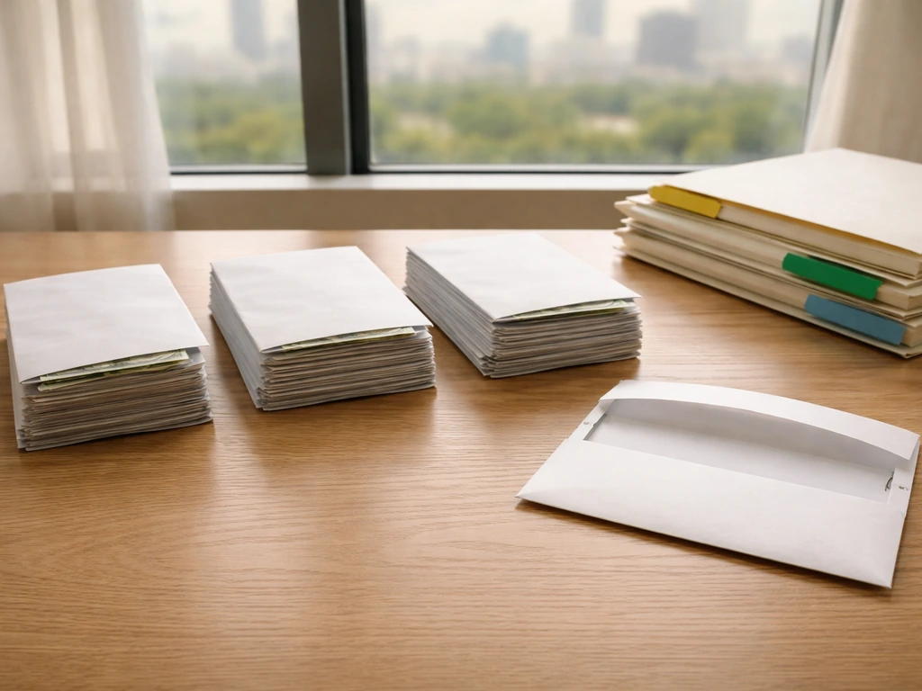 Three currency envelopes and folders on a wooden desk, symbolizing differing net worth estimates.