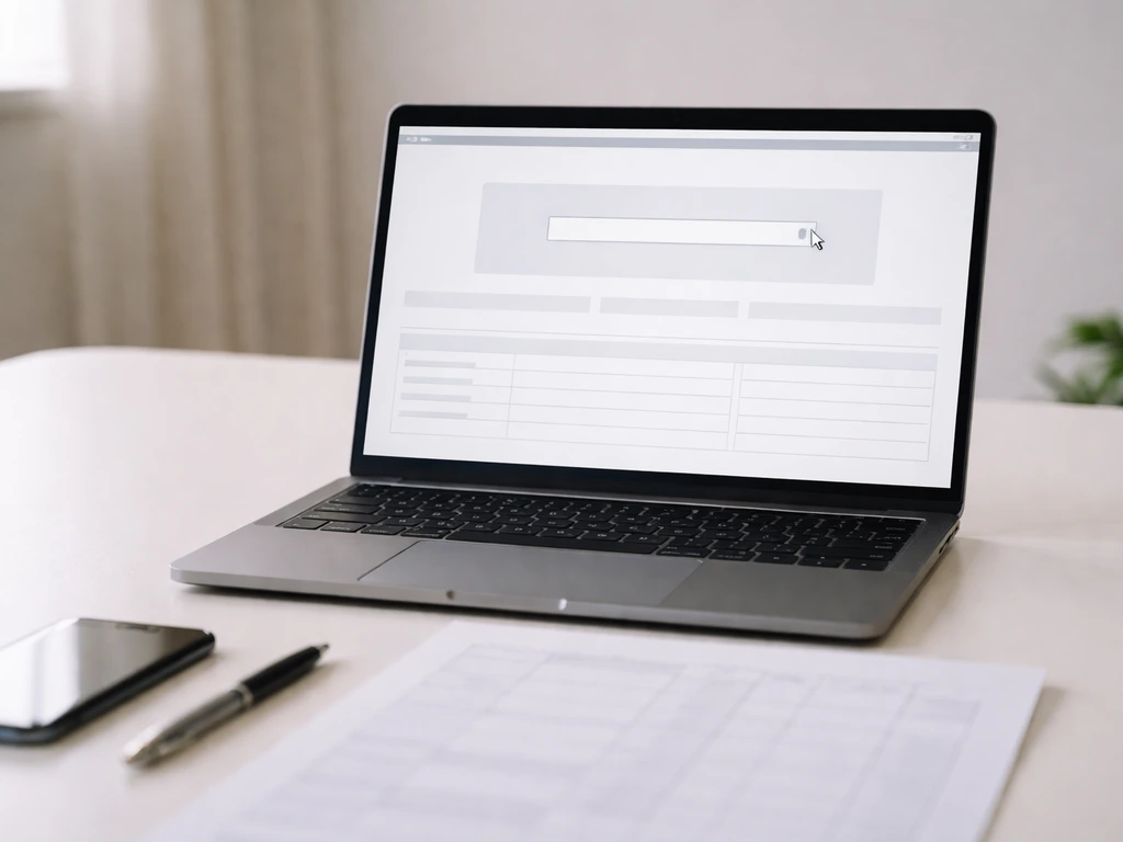 Laptop at desk displaying a generic EDGAR search page with a blank checklist sheet nearby.