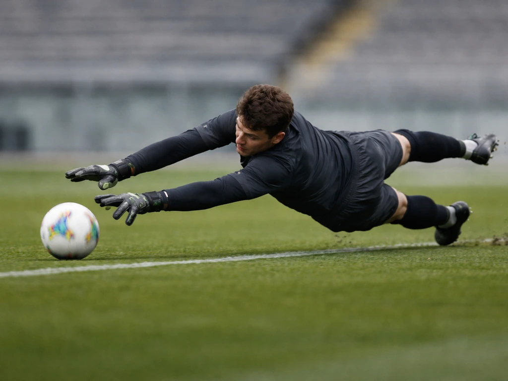 Professional goalkeeper in match gear making a save in a quiet stadium setting, focused action moment