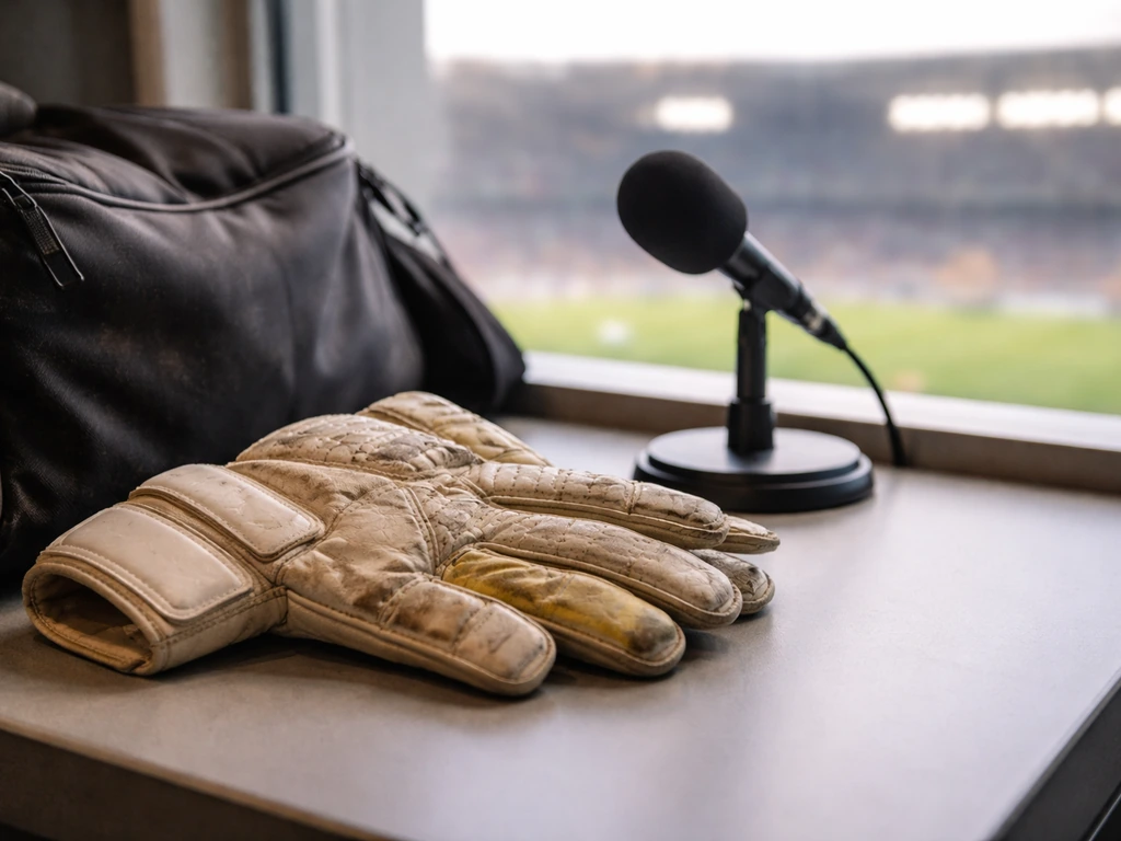 Goalkeeper gloves on a desk beside a microphone, evoking sponsorship and media endorsements.
