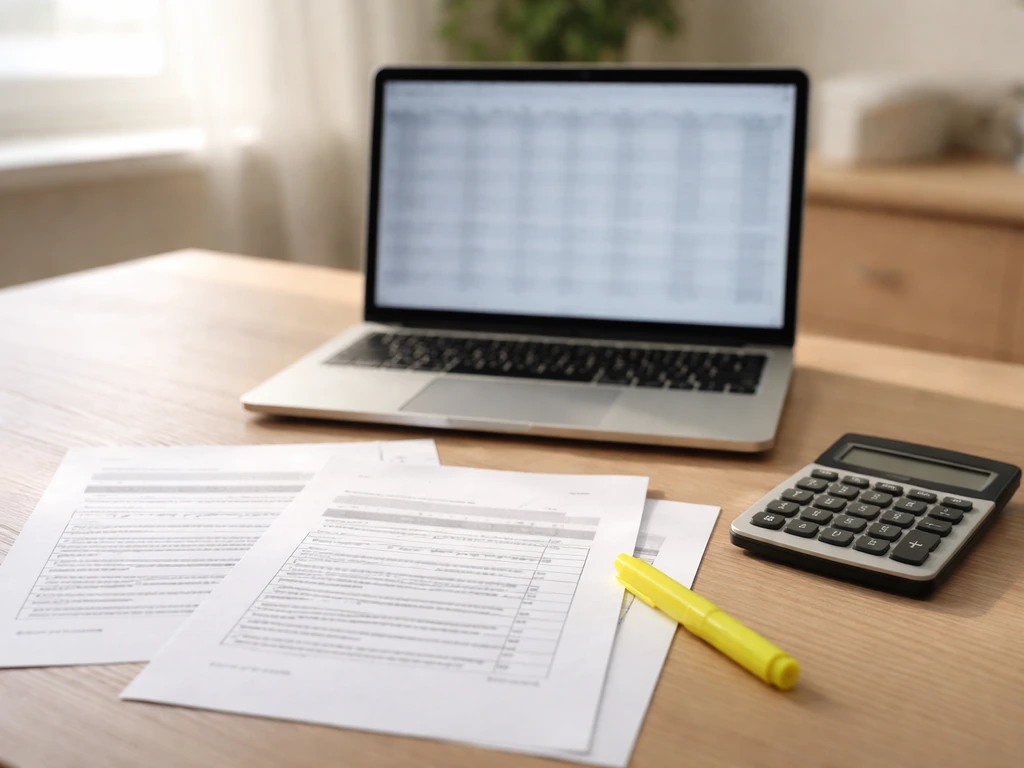 Open laptop and printed public records with highlighter on a tidy desk, suggesting personal finance research.
