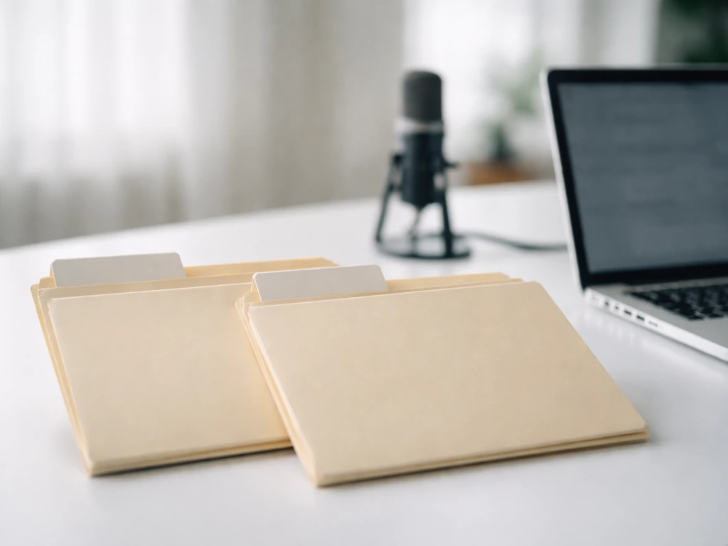 Minimal photo showing blurred filing folders and a laptop beside a microphone, suggesting multiple public records