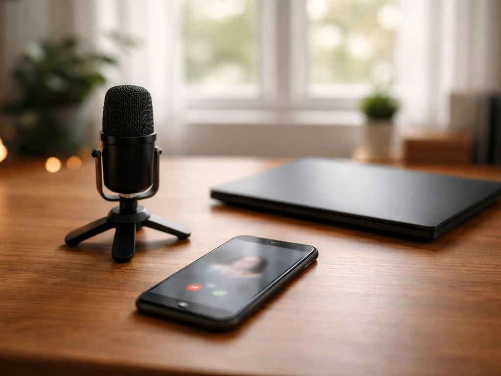 Minimal desk scene with smartphone showing a blurred video call, symbolic for media executive income chapters