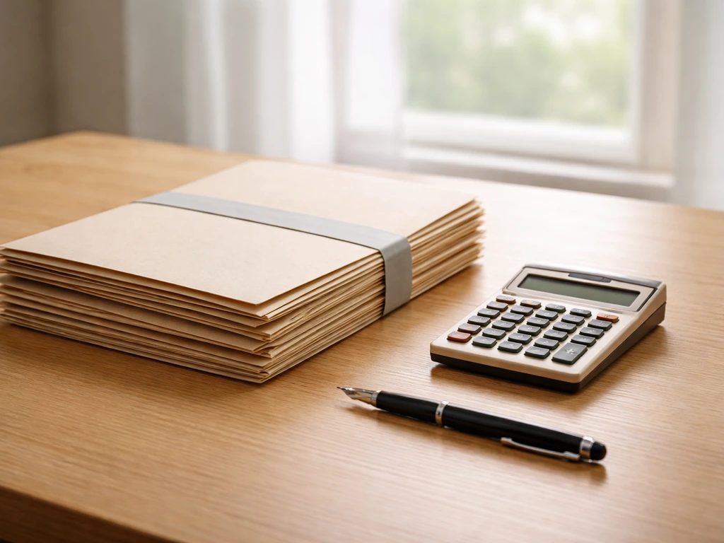 Minimal desk scene with closed legal file folders and a small calculator, suggesting business liabilities reducing net w