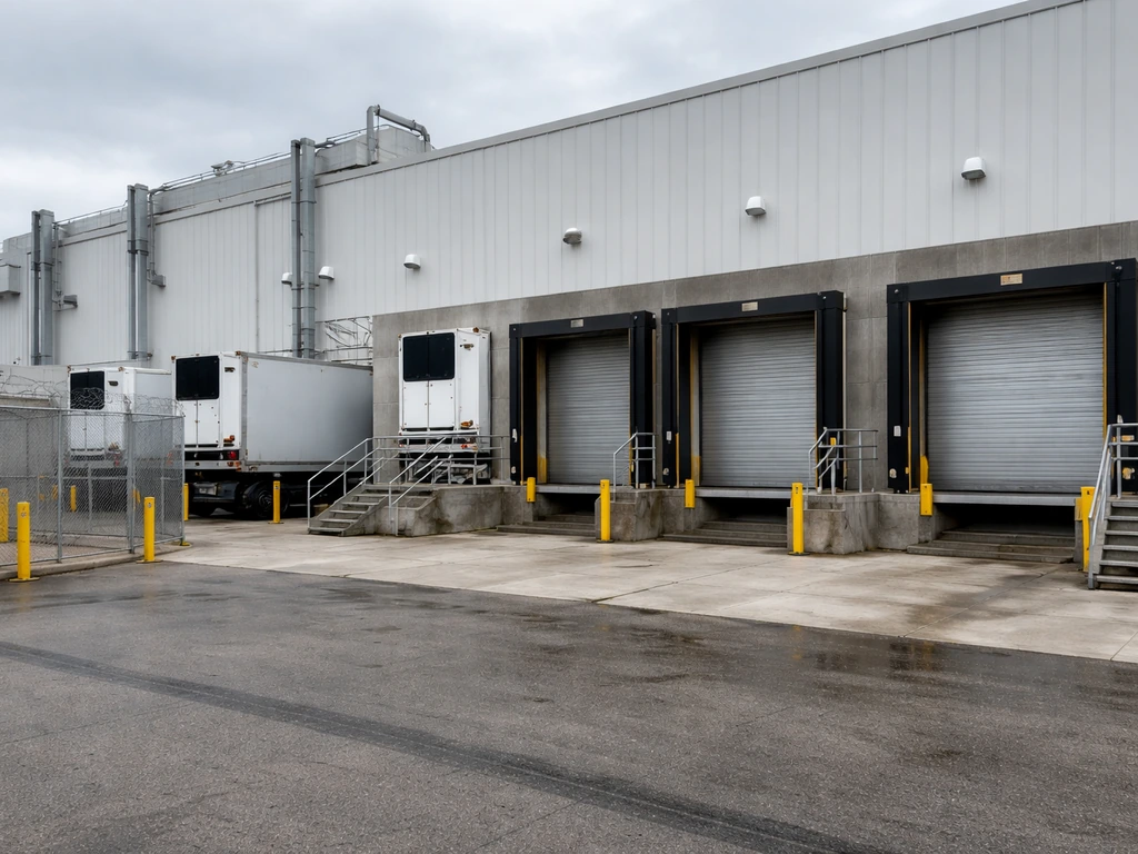 Industrial loading dock and entrance of a large beef/poultry processing facility with trucks bays and fencing.