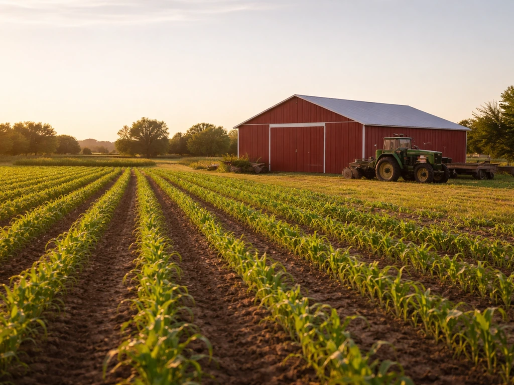 Golden-hour crop field with a small barn and parked farm tractor, symbolizing farm assets.