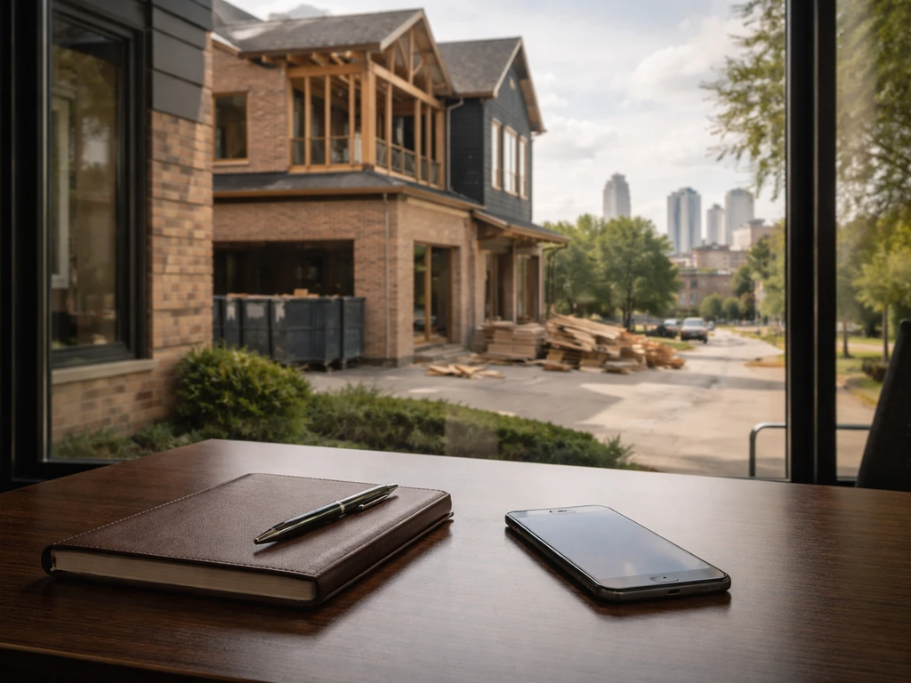 Minimal office desk by a window overlooking a modern home under construction in Columbus, suggesting real estate wealth.