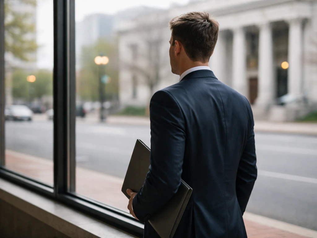 Anonymous real estate executive in a Columbus downtown office near windows, city view softly blurred