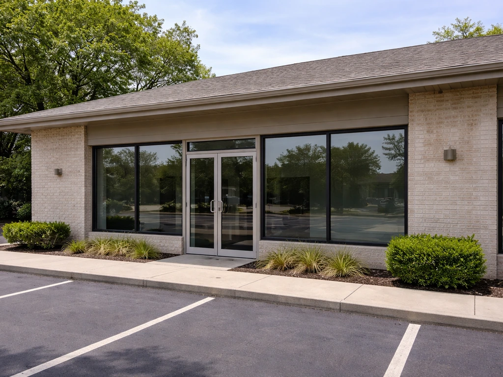 Daytime photo of a real-estate office building facade in Columbus, Ohio, with no readable signage.