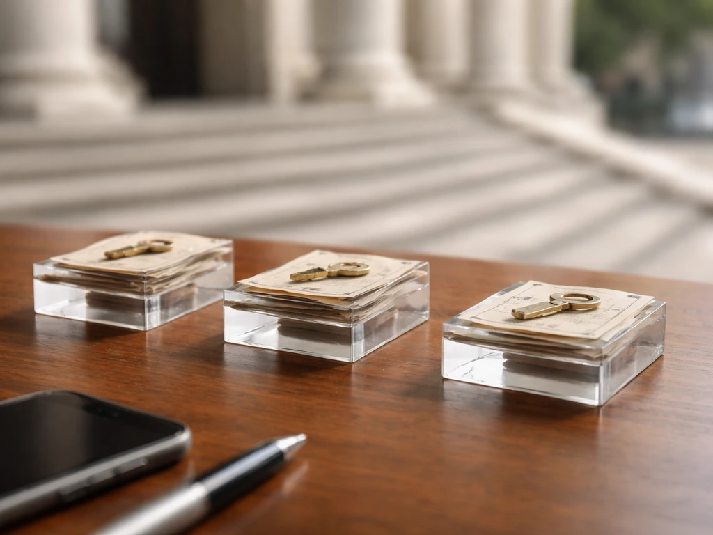 Unlabeled milestone objects on a desk with blurred courthouse steps, suggesting a wealth timeline over time.