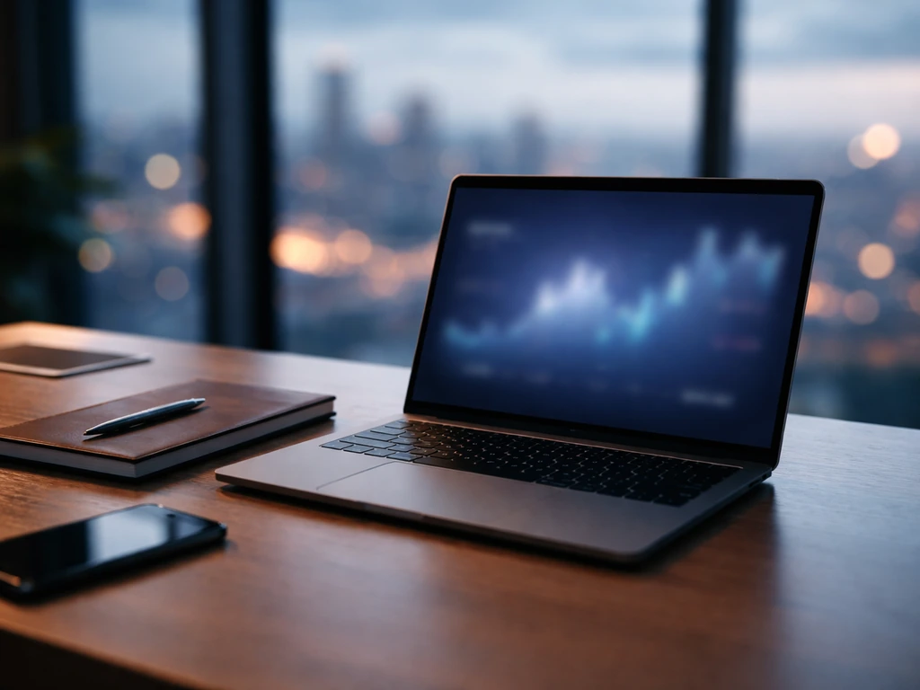 Minimal photo of a finance professional’s desk with a laptop, ledger-style notebook, and city skyline light