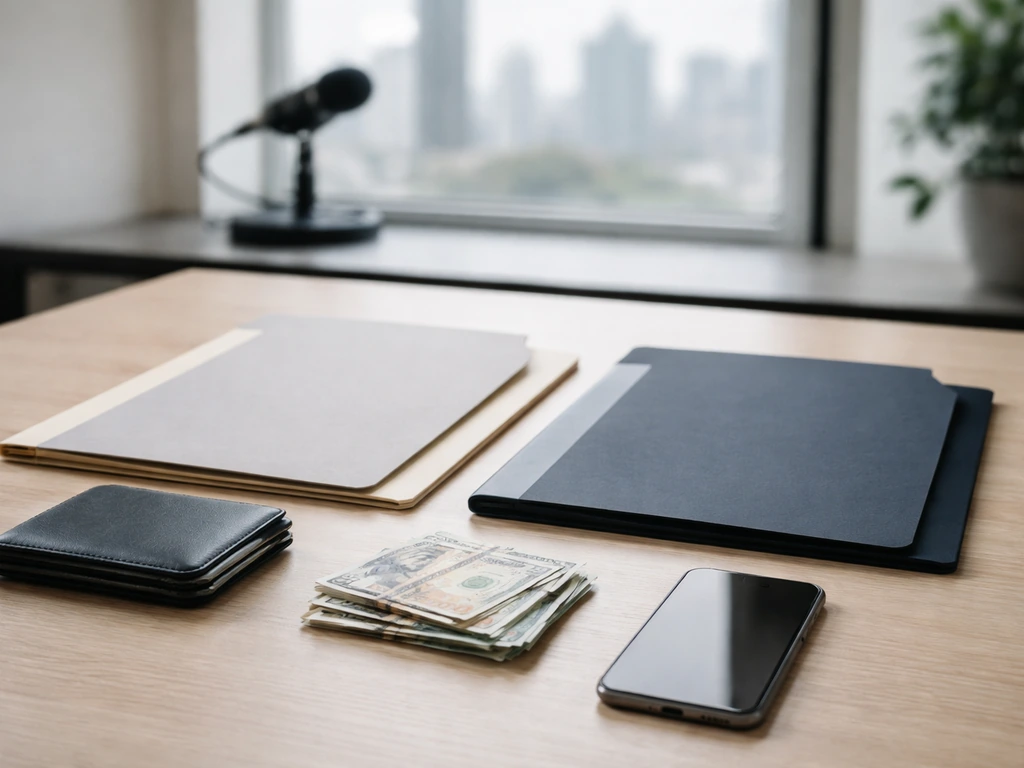 Minimal office desk scene with wallet, folders, and money symbolizing assets minus liabilities concept.