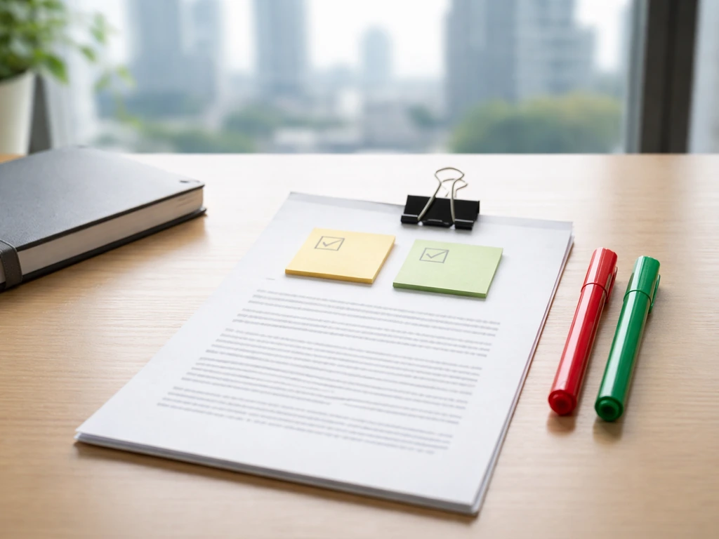 Minimal desk photo showing a blank checklist with red/green markers and sticky notes for validation.