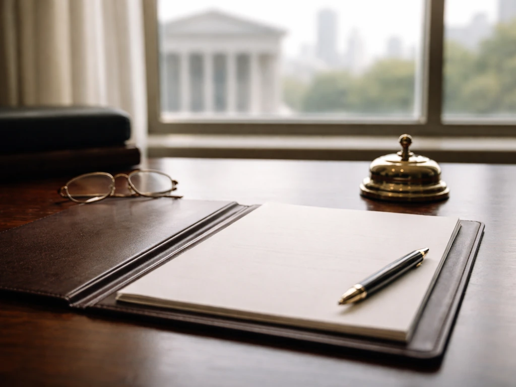 Empty lawyer-style office desk with courthouse backdrop and a single folder, symbolizing a public-law identity context.