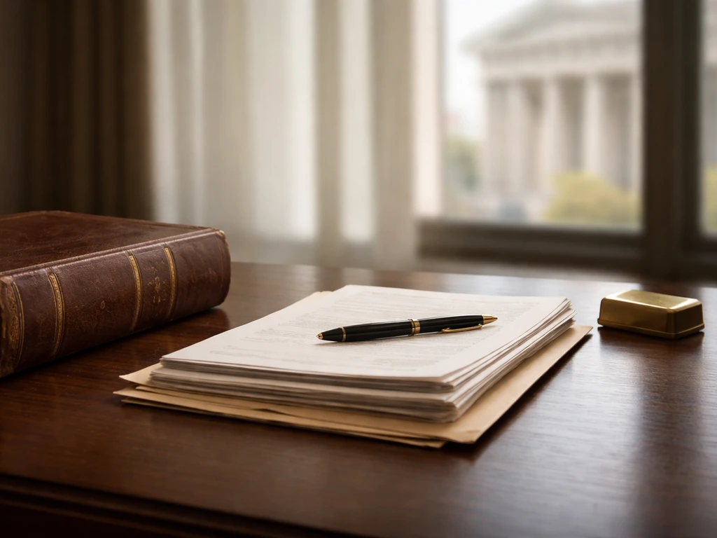 Minimal view of a law office desk with books, a legal brief stack, and a courthouse window backdrop