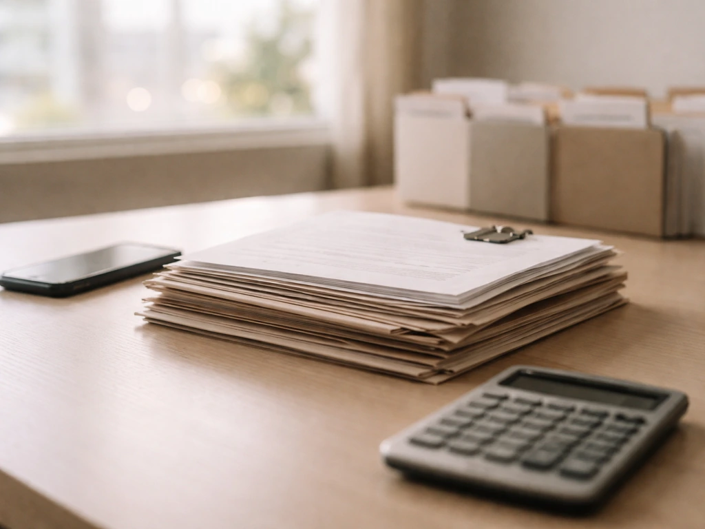 Neutral desk with documents and calculator symbolizing public filings and verifying net worth estimates.
