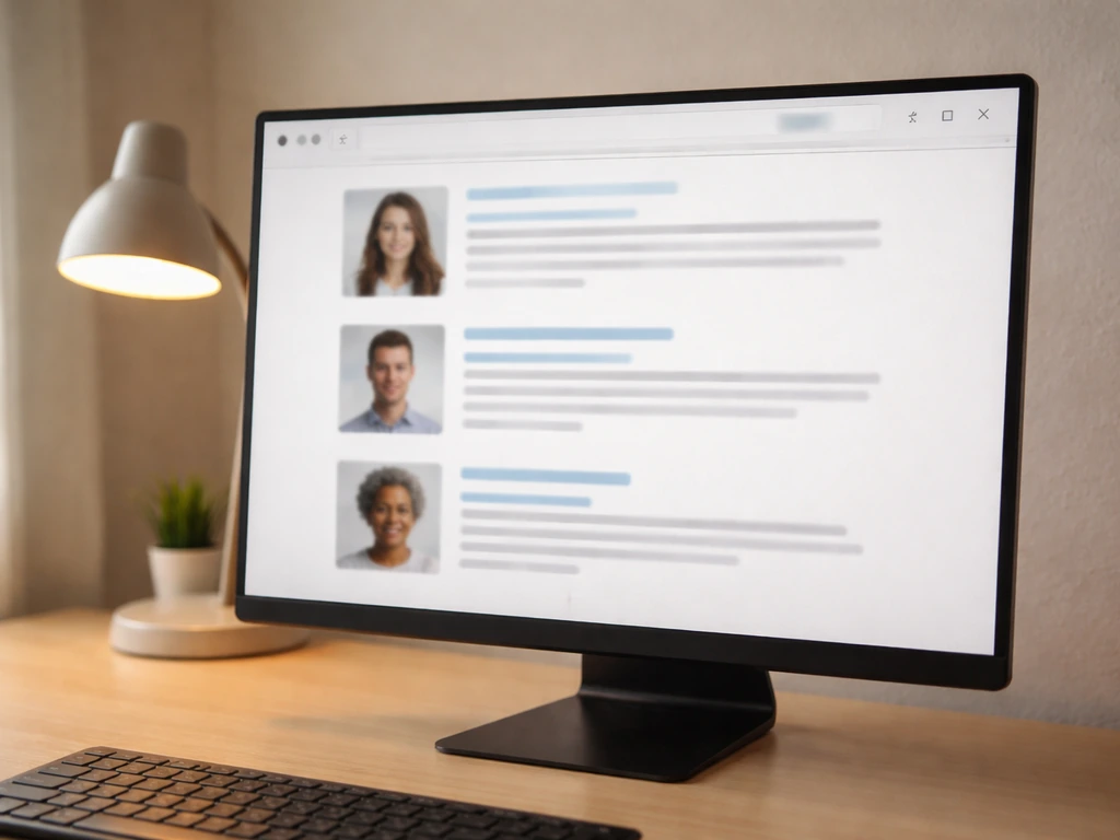 Minimal home office with a computer monitor showing blurred, screenshot-like results for different anonymous people.
