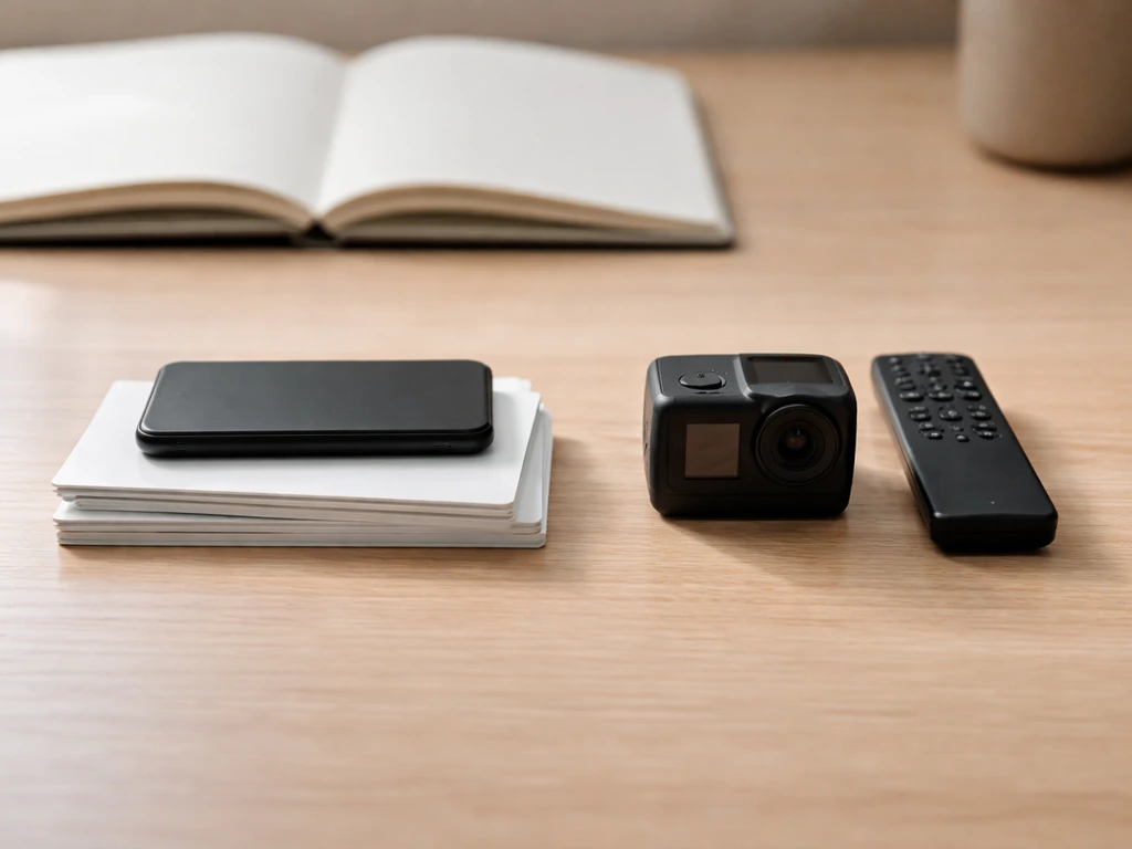 Minimal photo showing a notebook with two neatly arranged blocks of social and video monetization concepts, no text
