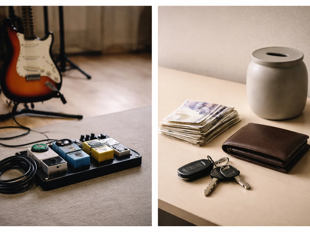 Close-up musician gear with a simple desk still life symbolizing plausible assets and holdings.