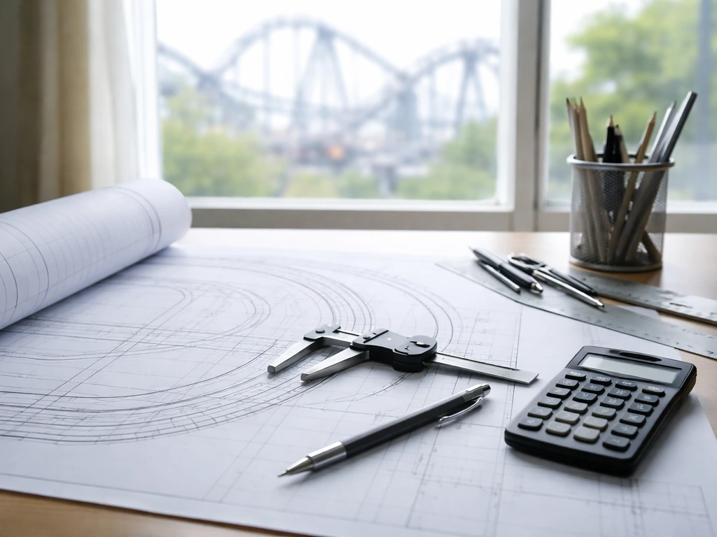 Minimal photo of an engineer’s desk with roller-coaster design sketches and a calculator, suggesting net wealth analysis