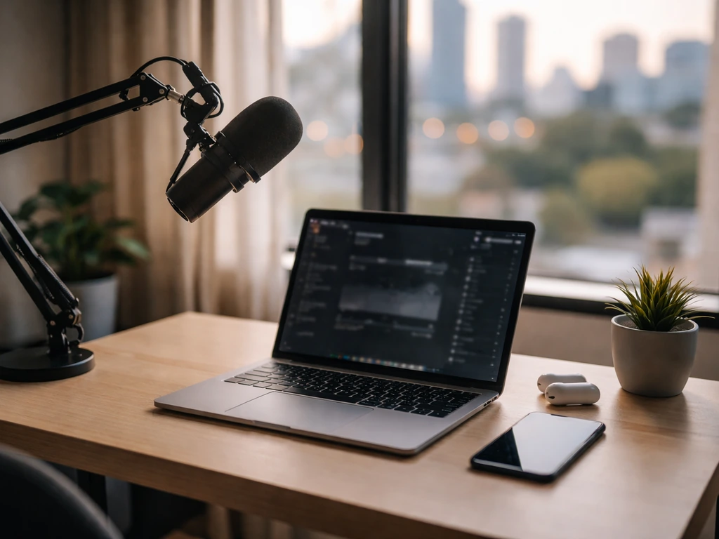 Minimal tech entrepreneur desk scene with laptop and microphone, suggesting media and business research.