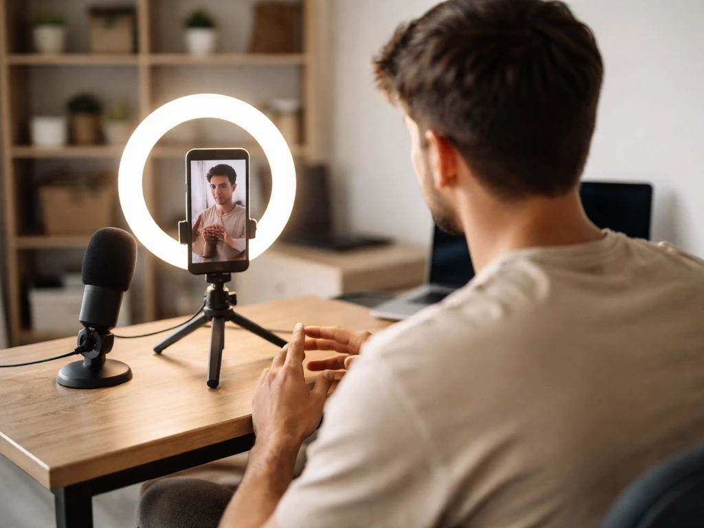 Anonymous creator at a desk recording vertical video with microphone and phone tripod in home office