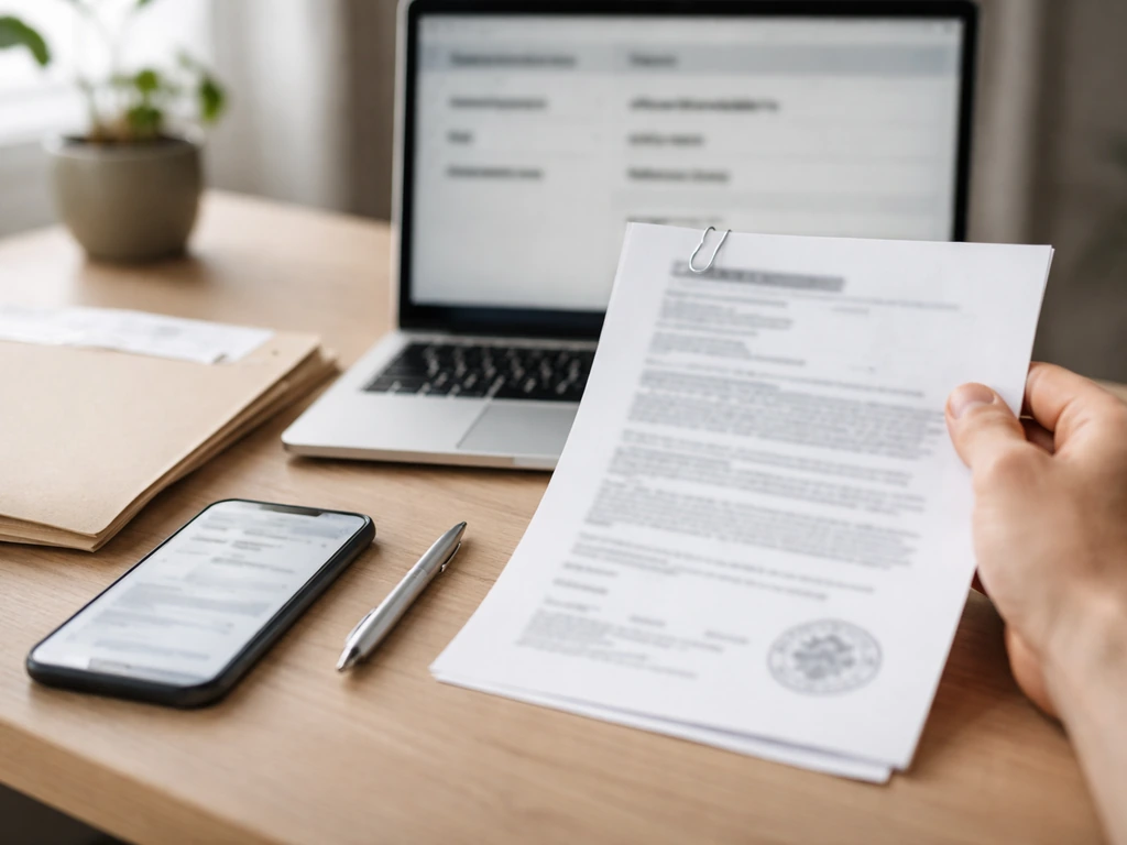 An anonymous hand reviewing German business registry documents beside a laptop showing company name fields