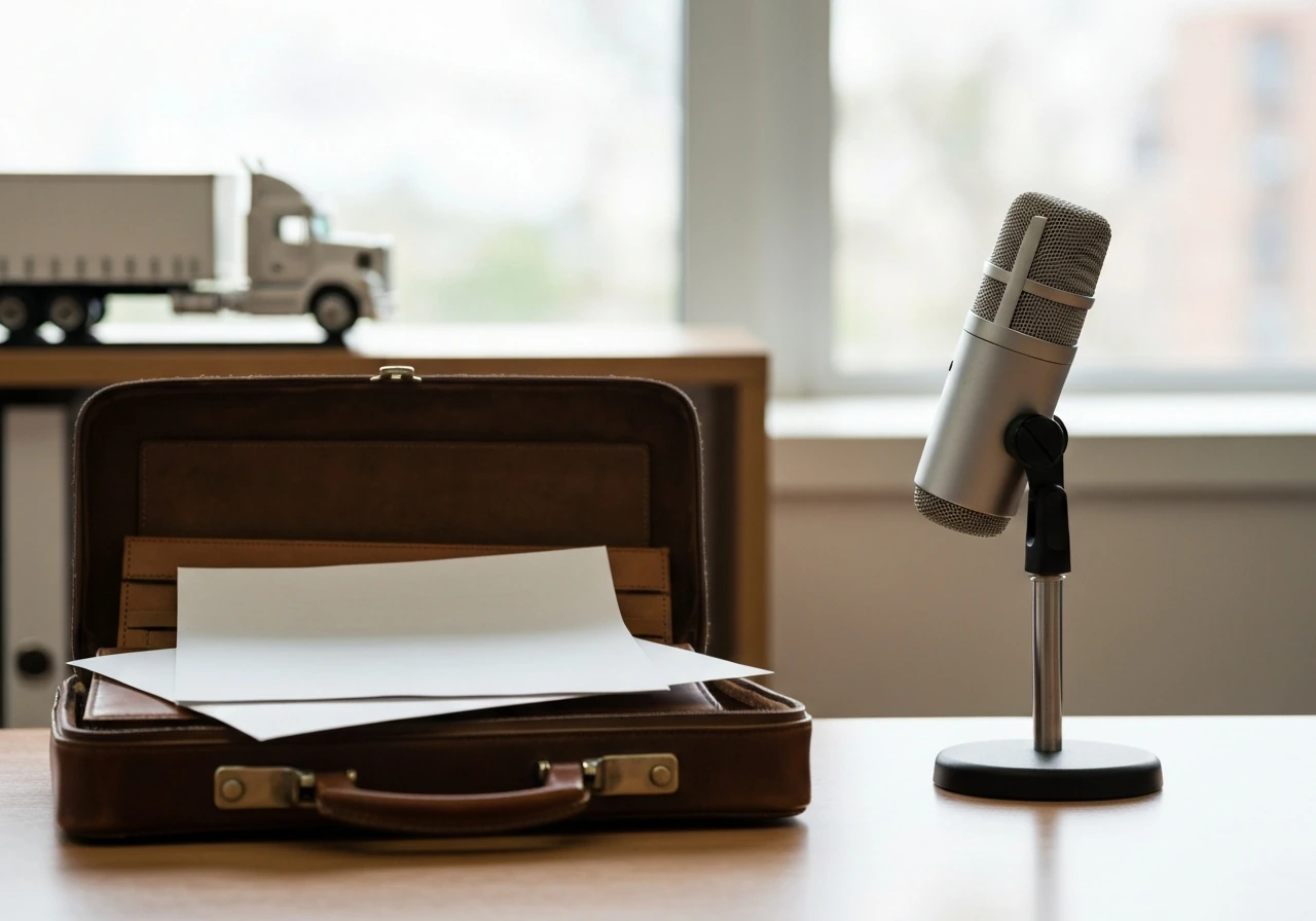 Truck industry executive desk scene with a vintage microphone and financial documents, symbolizing Al Schneider’s net wo