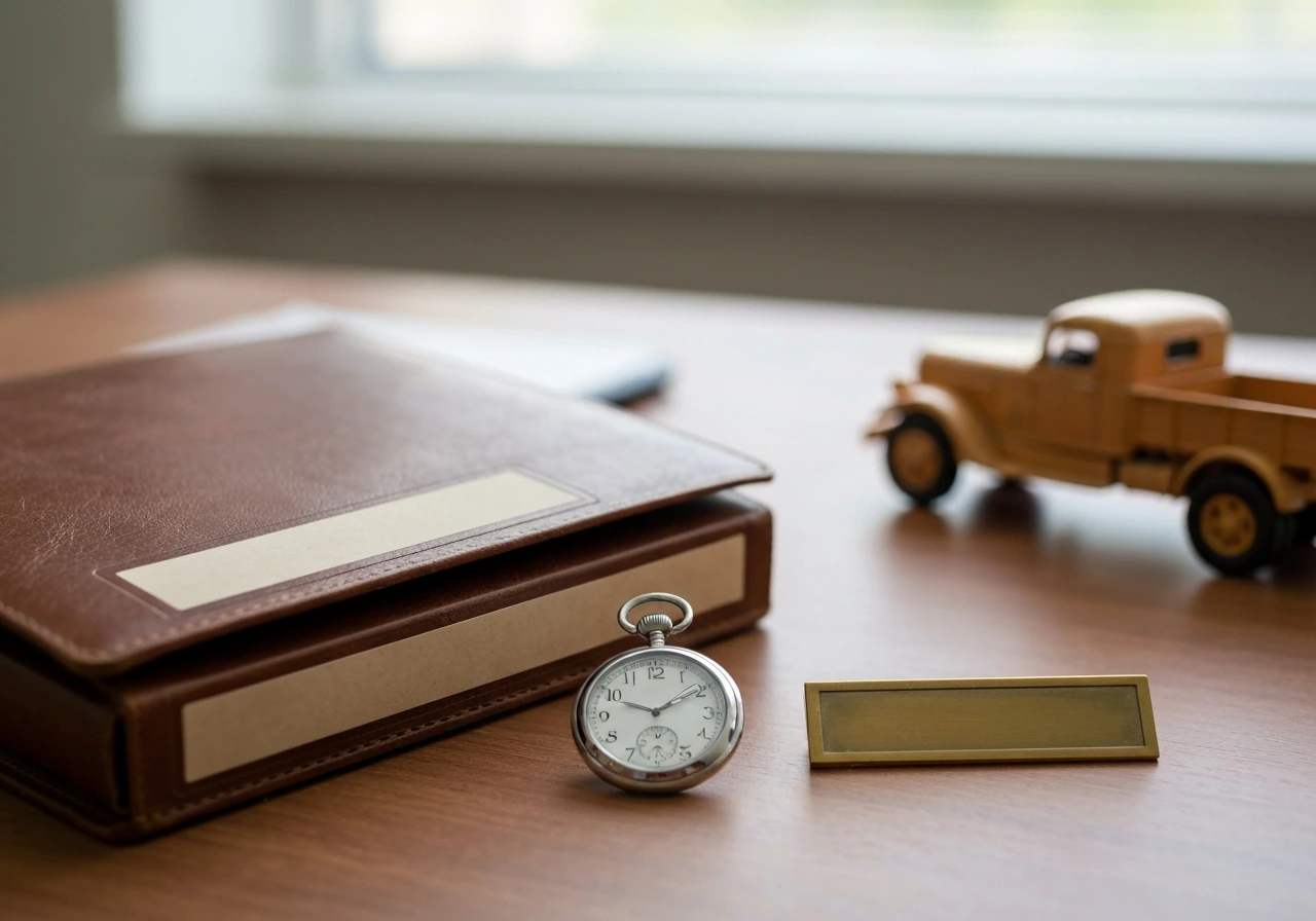 Close-up of an old-fashioned trucking company document folder and vintage truck memorabilia