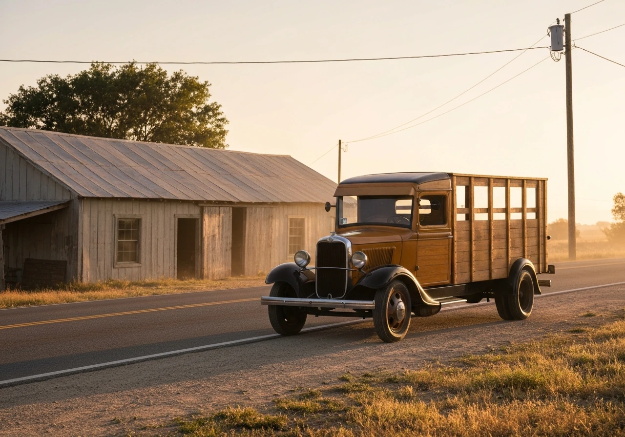 Vintage truck parked beside a dusty road at golden hour, suggesting early trucking entrepreneurship.
