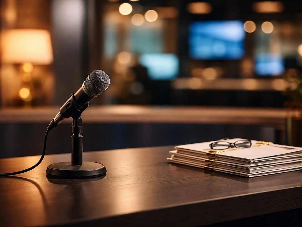 Anonymous TV studio scene with a microphone and subtle wealth-inspired lighting for a net worth article.
