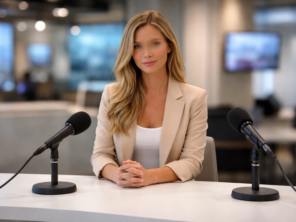 Anonymous TV host at a news talk show desk with blank microphones in a softly lit studio.