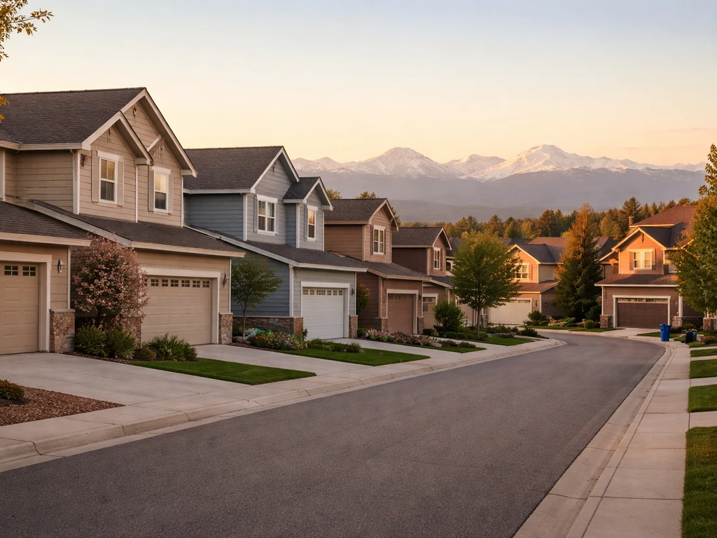 Sunlit Denver suburban homes with mountain skyline, suggesting local residential real estate exposure.
