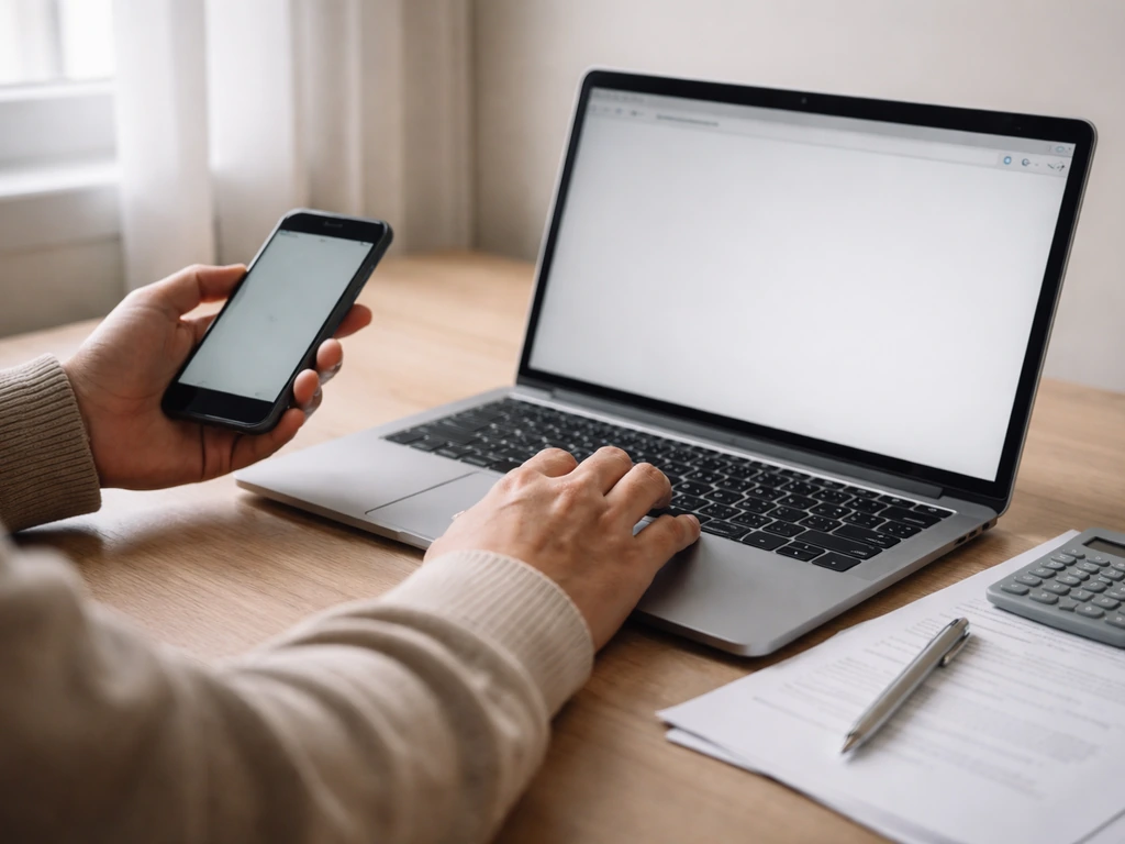 Person at a desk using a laptop and papers to research property and finances
