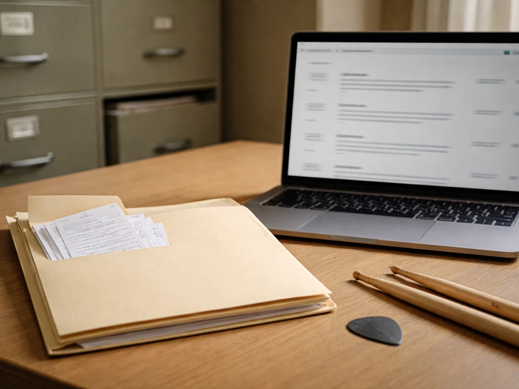 Minimal photo collage: public-record folder and laptop research beside music props, no identifiable person or text.