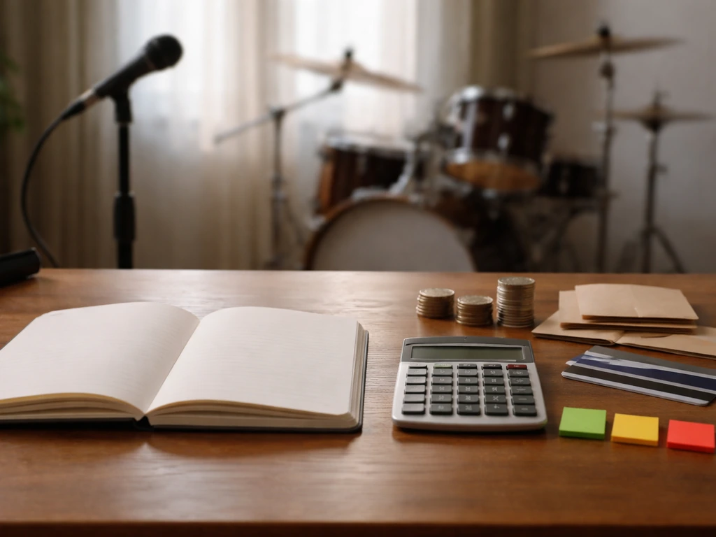 Desk with calculator and coins in a music studio, with blank notes and color-coded confidence hints