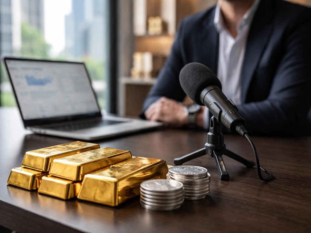 Minimal office desk with gold and silver bullion, a microphone, and an out-of-focus finance laptop.