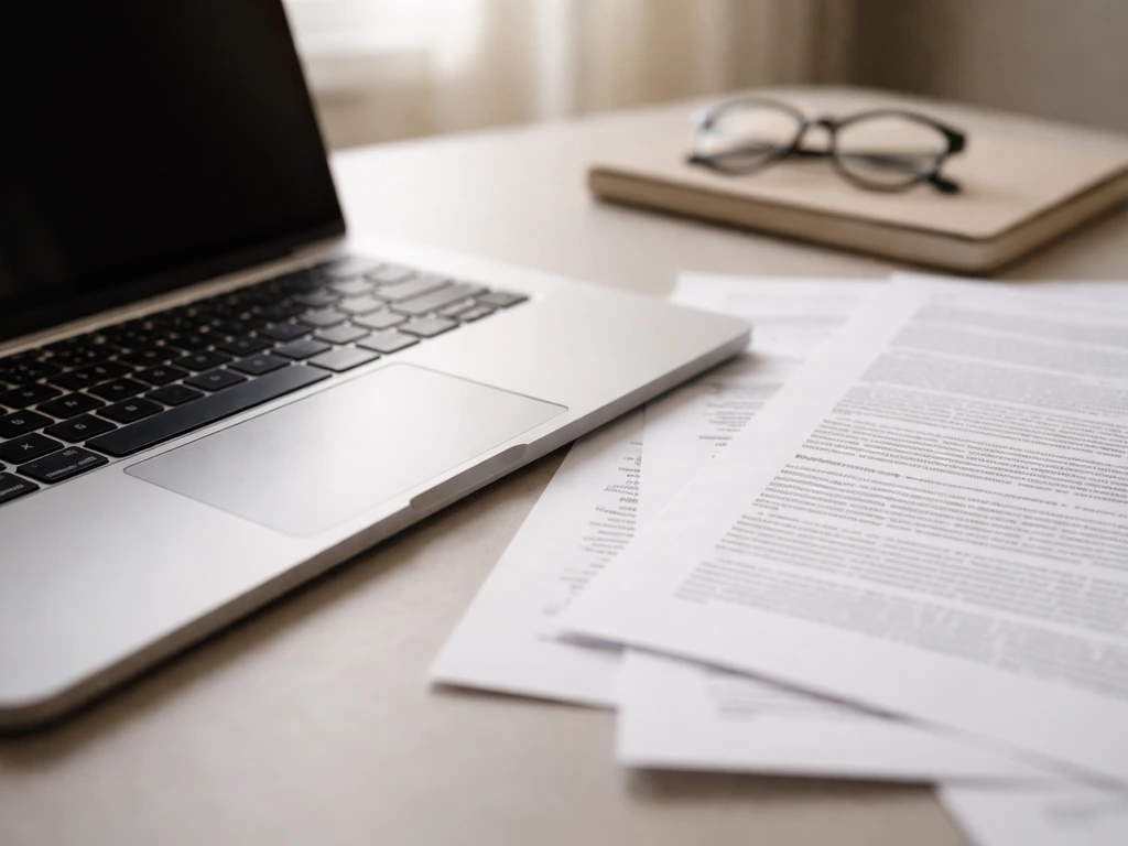 Close-up of a desk with printed SEC filing pages and a laptop, suggesting public financial document review.