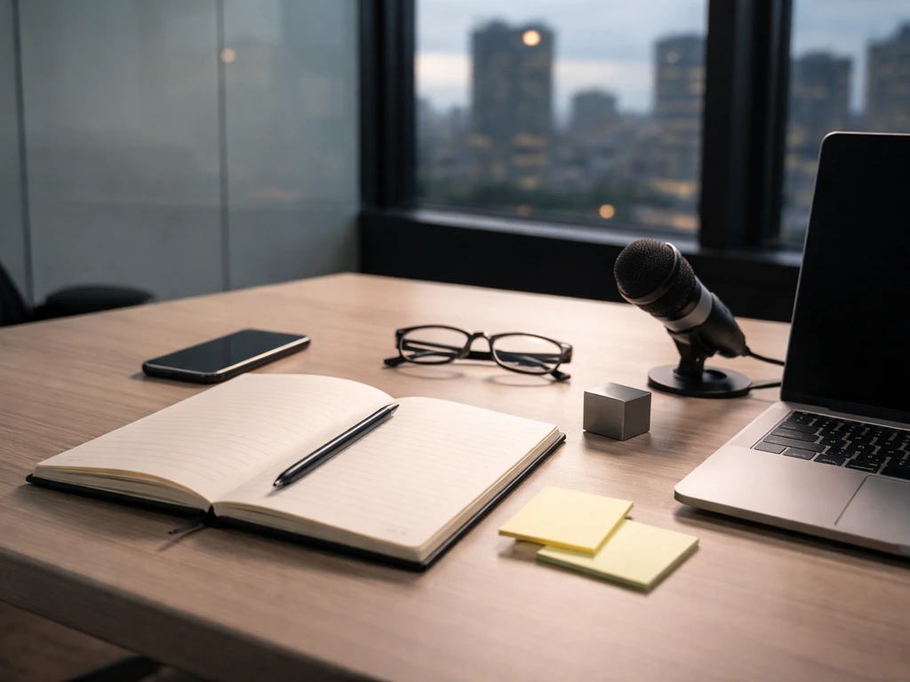 Minimal office desk scene with laptop, notebook, and microphone, symbolizing business milestones and wealth-building.