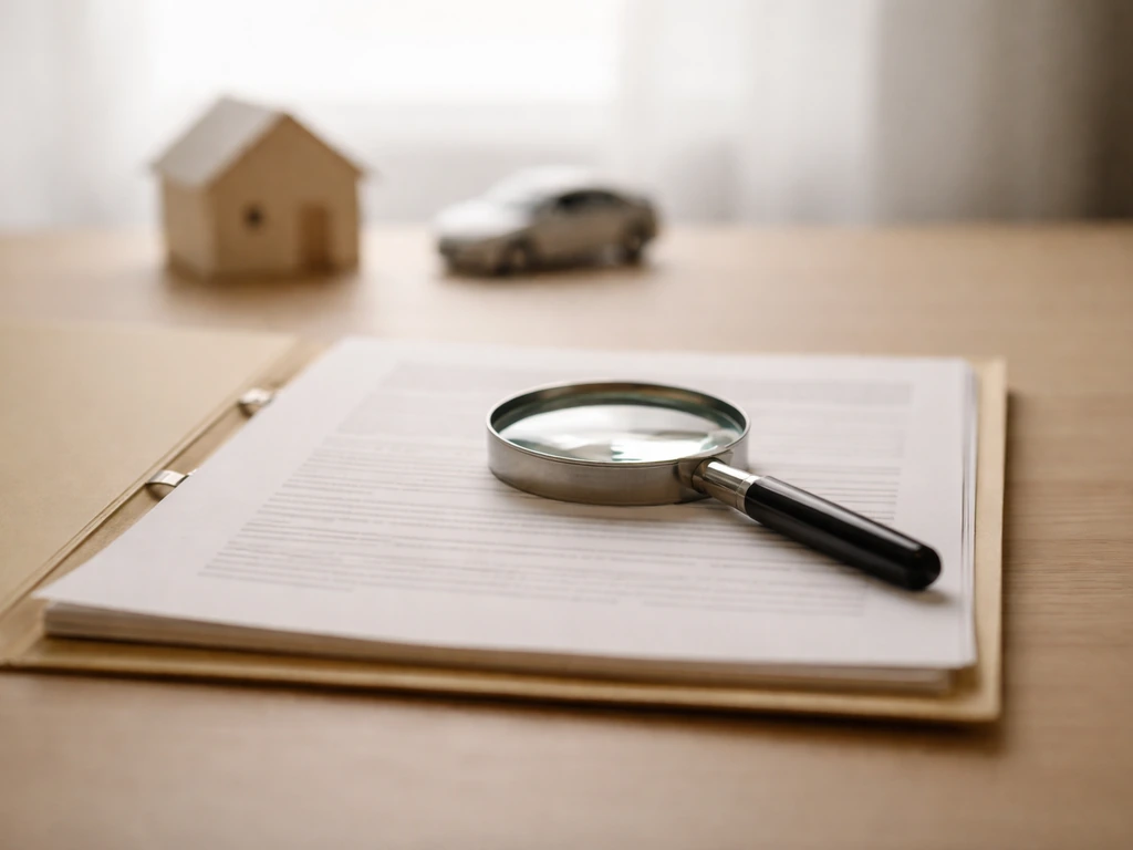 Magnifying glass over public-record-style documents with simple property and vehicle silhouettes on desk