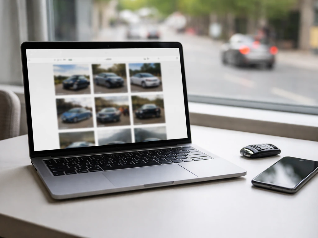 Minimal desk with laptop and phone suggesting an automotive Instagram profile, blurred screen, no person.