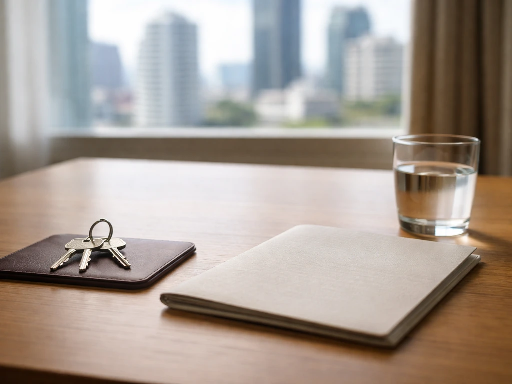 Minimal photo of a tidy office desk with a small stack of keys and a remote property brochure, suggesting defensible ass