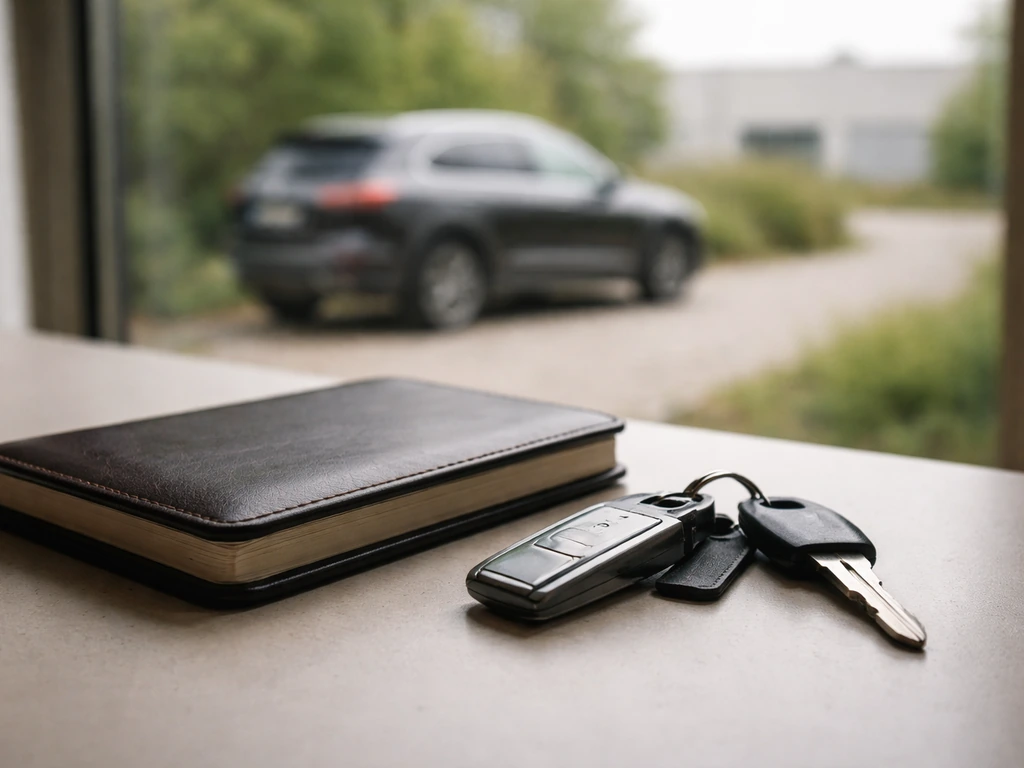 Desk with car keys and notebook, with a blurred SUV and industrial building in the background.