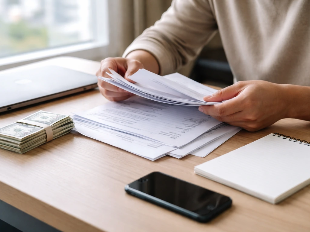 Anonymous hands sorting financial documents beside cash and a laptop, suggesting checking conflicting net worth claims.