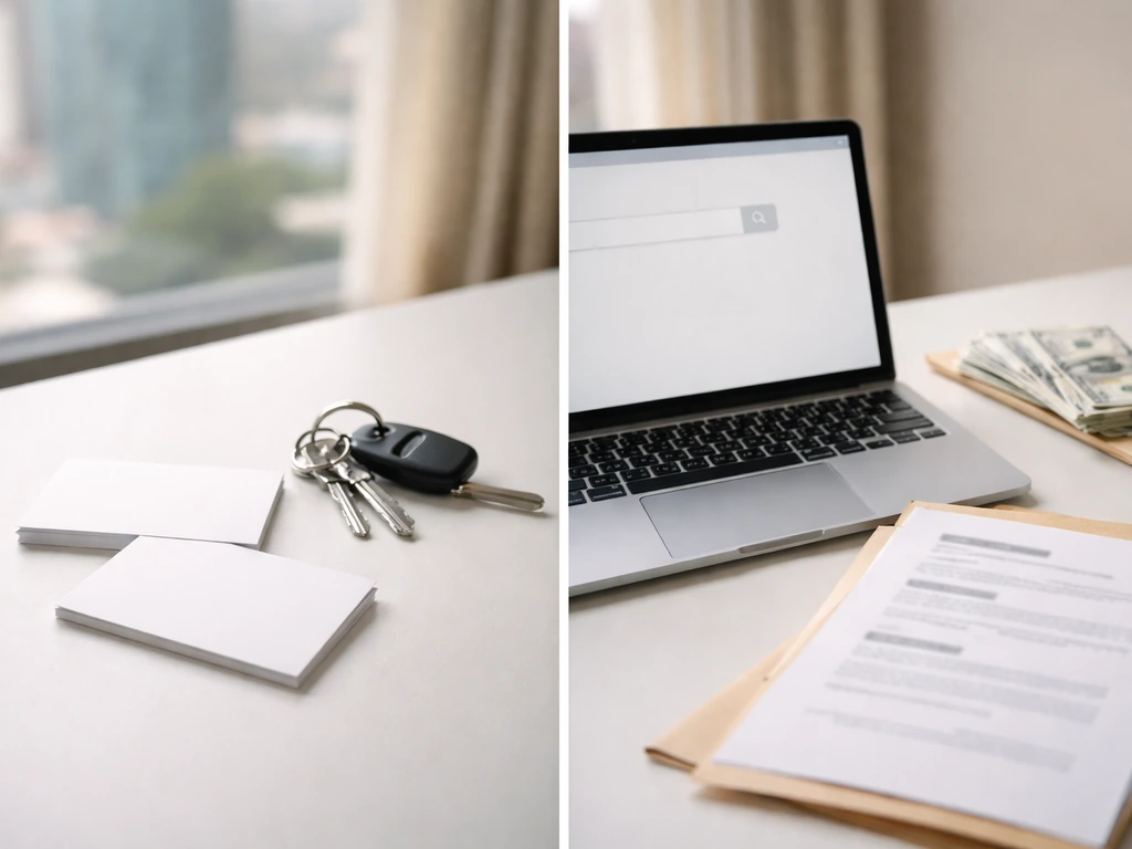 Minimal split-scene desk with blank cards, papers, and laptop symbolizing identifying the right person for net worth.