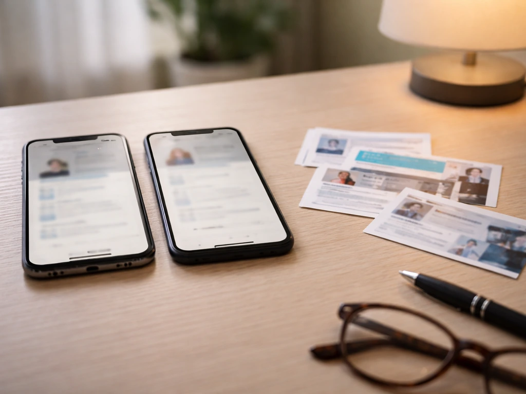 Two phones and blurred business cards on a desk, symbolizing identifying different people with the same name.