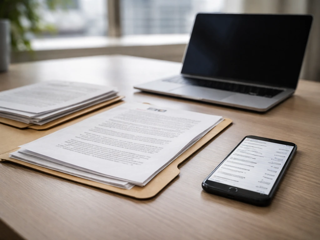 Minimal office desk scene with documents, a smartphone showing a generic registry-like page, and a muted finance article